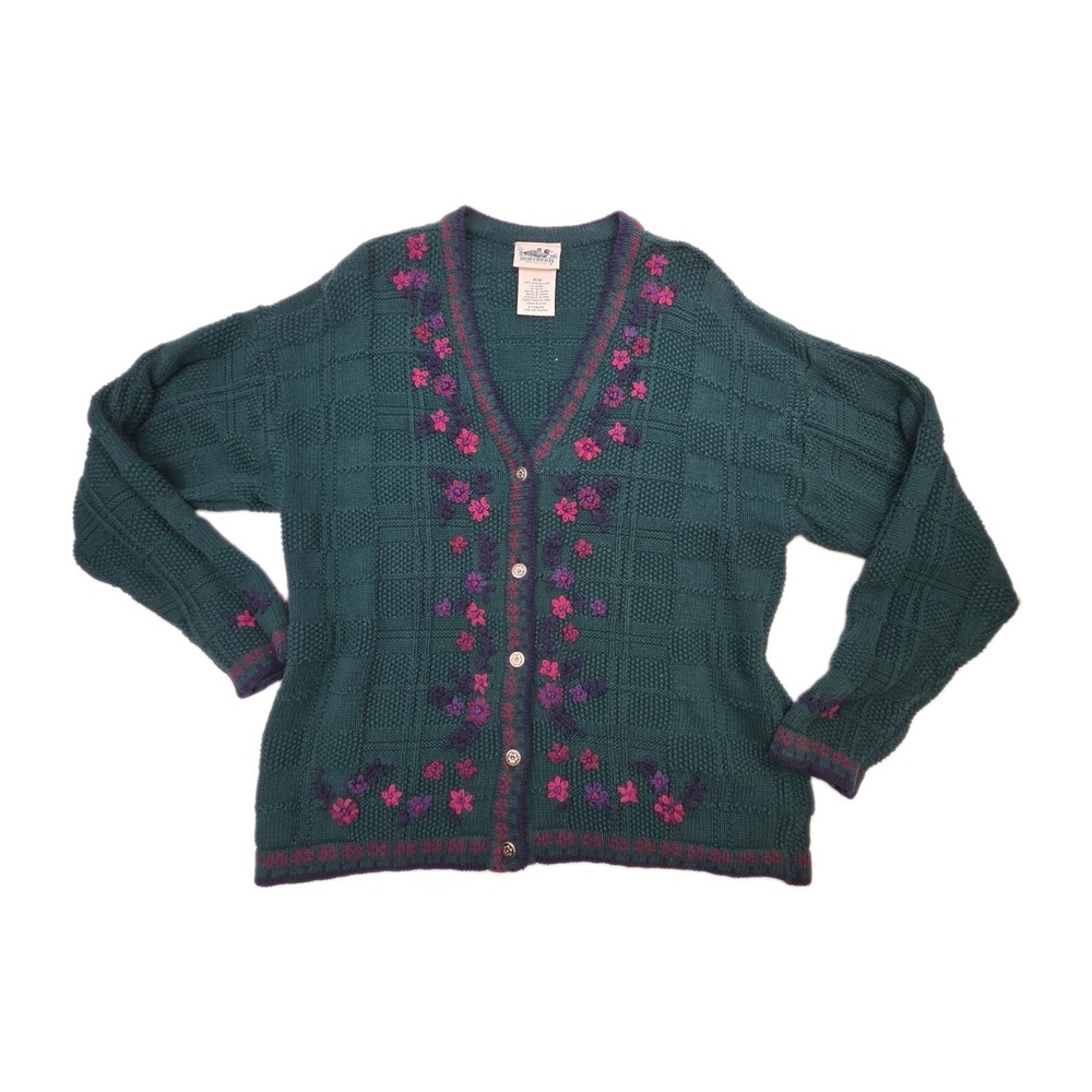 Vtg 1990s Floral Embroidered Cardigan Sweater Cottage Boho Cotton Buttons Size M
